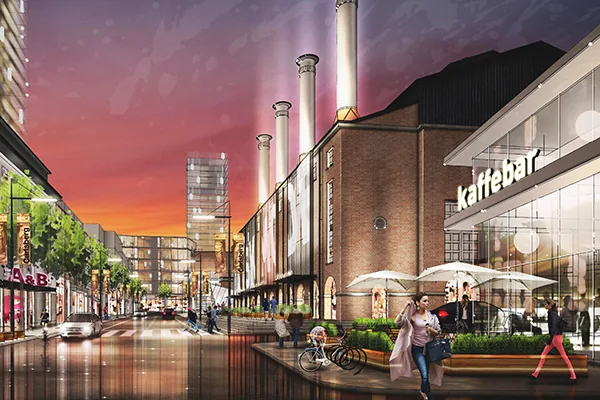 Visualisation of a street in Carlsberg Byen at dusk